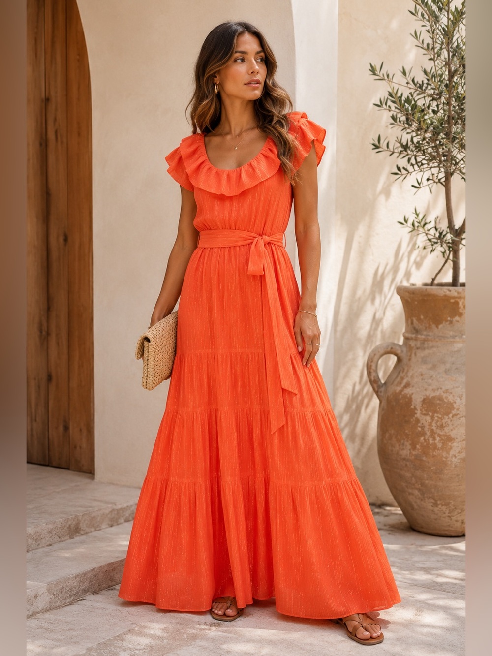 Marie Oliver Orange Kinley Ruffled Silk Blend Maxi Dress with tie belt sz XS